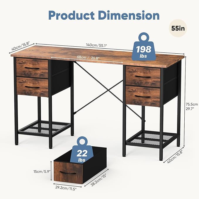 DUMOS Computer Desk with 4 Drawers Home Office Table with Mesh Shelf for Work Study Writing Gaming Storage Furniture for Bedroom,55 inch Rustic Brown