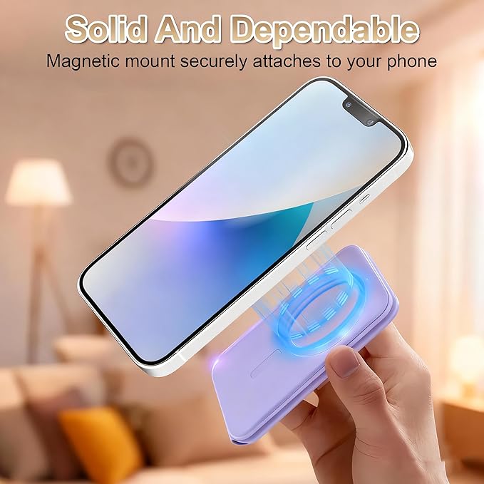Magnetic Phone Stand, Compatible with All Smartphones 17/16/15/14/13/12 Series, Slim PU Leather Desk Stand with Multi-Angle Adjustment, Portable & Includes 1 Strong Magnetic Ring for Any Phone(Purple)