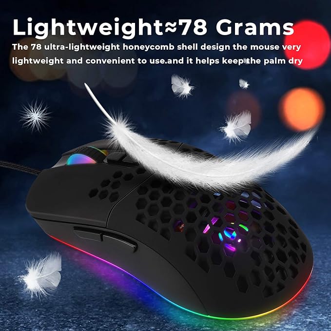 HXMJ Wired USB C Gaming Mice,Lightweight Honeycomb,7200DPI,Corded Mouse with RGB Backlit for Apple MacBook,Tablets,Computer or Laptops with Type C Port