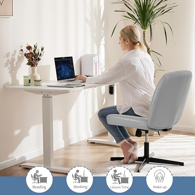 DUMOS Desk Chair No Wheels, Criss Cross Chair Wide Cross Legged Office Desk Vanity Chair, PU Leather Armless Adjustable Swivel Chairs for Home Computer Task,Grey-pu