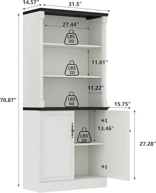 Bookshelf with Doors, 71" Tall Wood Book Shelf with Cabinet, 24" Wide Bookcase with Adjustable Shelf, Floor Standing Display Storage Cabinet for Home Office, Study and Living Room, Antique White