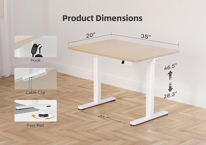 YDN Electric Standing Desk Adjustable Height, 35 x 20 Inches Stand up Desk with Cable Management, Home Office Desks with Splice Board & White Frame, Nature Top