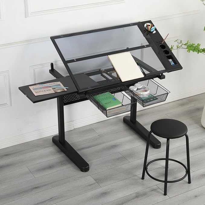 Adjustable Height Drafting Table with Storage Drawers & Stool for Adults, Glass Art Desk with Side Storage Strips, Drawing Table with Tilted Tabletop for Art Office Study (Black+Glass B)
