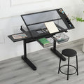 Adjustable Height Drafting Table with Storage Drawers & Stool for Adults, Glass Art Desk with Side Storage Strips, Drawing Table with Tilted Tabletop for Art Office Study (Black+Glass B)