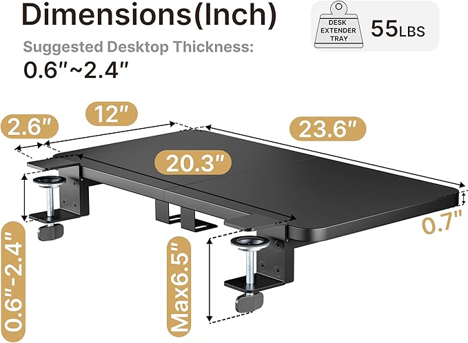 PEGZONE Desk Extender Tray, 24" x 12" Clamp On Desk Shelf, Desk Extension with Laptop Holder, Table Desk Arm Rest, Clamp On Keyboard Tray for Office and Home, Workstation Organizer, Medium, Black