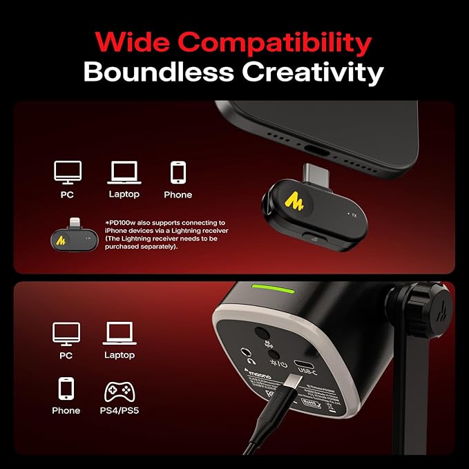 MAONO PD100WS Wireless Gaming Microphone for PC, Dynamic Streaming USB Mic with 3 Level Noise Cancelling,RGB,Mute Button, Software EQ,Computer Boom Mic for Podcast, Vocal Recording, Black