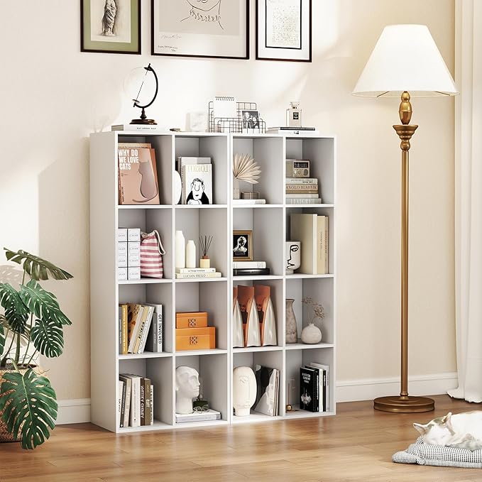 Tangkula 8-Cube Bookcase, Large Floor Standing Horizontal Bookshelf with 8 Open Shelves & 2 Anti-Tipping Kits, Home Office Wooden Storage Book Shelf for Living Room, Study (White, 8-Cube)