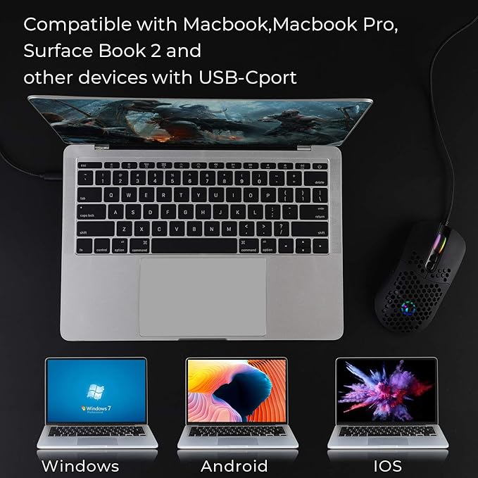 HXMJ Wired USB C Gaming Mice,Lightweight Honeycomb,7200DPI,Corded Mouse with RGB Backlit for Apple MacBook,Tablets,Computer or Laptops with Type C Port