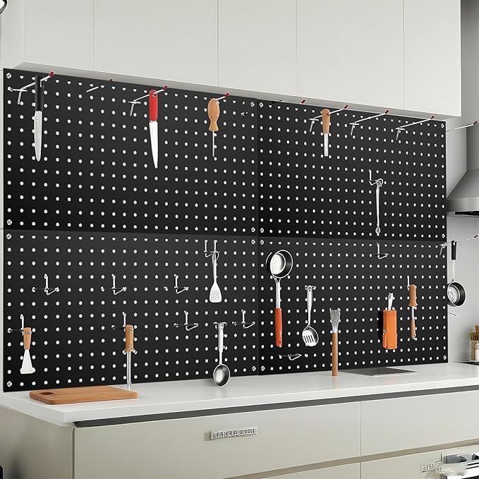 Garage Pegboard Organizer - 4-Pack 24" x 12" Black Heavy-Duty Metal Pegboard Panels, High-Capacity Wall Mount Peg Board for Tool Storage, Workshop, Kitchen, Garage & Office Organization