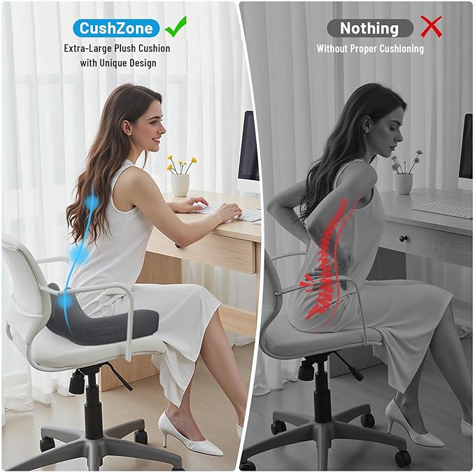 CushZone Memory Foam Seat Cushion for Office Chair, Ergonomic Coccyx Cushion for Desk Chair, Tailbone Support Pillow for Long Sitting, Non-Slip Seat Pad for Home, Car, Gaming Chair (Grey, X-Large)