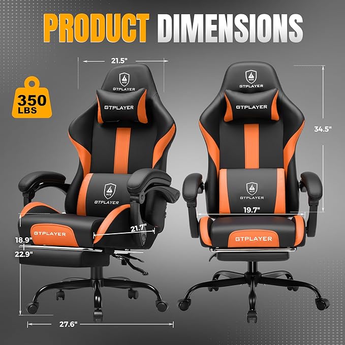 GTPLAYER Gaming Chair with Foot Rest & Pocket Spring Cushion, Ergonomic High Back Computer Chair with Headrest & 360°-Swivel Seat for Home Office Desk, PU Leather, Orange
