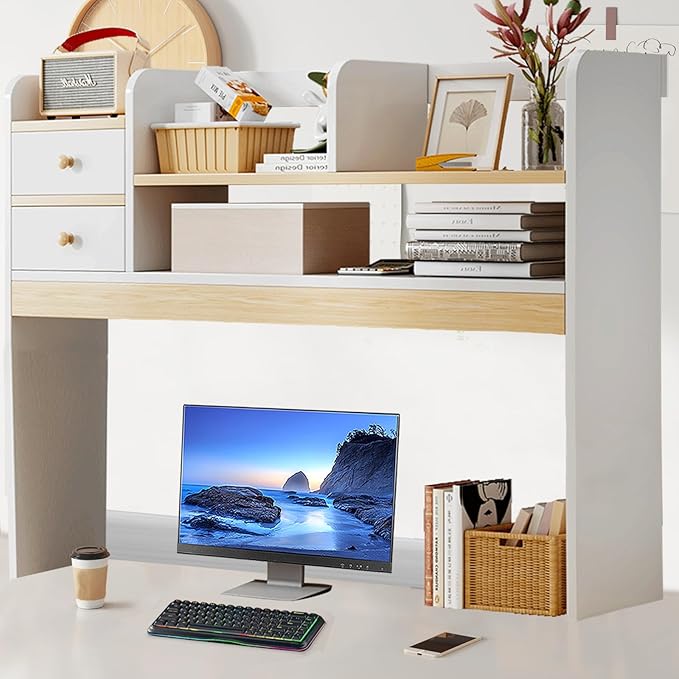 Desktop Bookshelf, Countertop Storage Hutch with 4 Shelves for Computer Desk,Wooden Desktop Hutch Bookshelf,Computer Bookcase for Dorm Office Home(White)