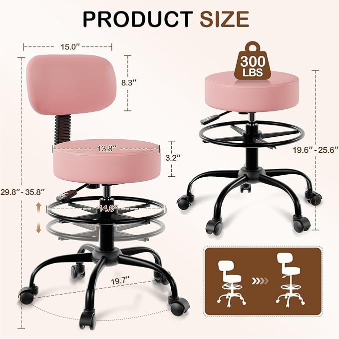 Drafting Chair with Back Support, Adjustable Foot Rest Rolling Stool, 360° Swivel Office Desk Chair with Wheels, Thick Seat Cushion for Home Bar Salon Tattoo Shop (2, Pink)
