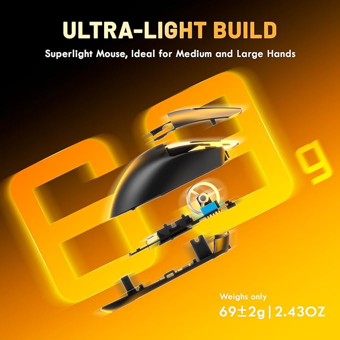 MAGIC-REFINER X2 69g Superlight Wireless Gaming Mouse,BK3633 Tri-Mode BT/2.4G Wireless/Wired Mouse,25000 DPI,1000Hz Polling Rate,500mAh,Med to Large Hand Size,5 Programmable Buttons for PC/Mac,Black