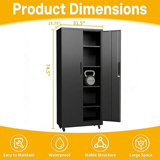 Metal Storage Cabinet with Wheels, 74.5" Garage Storage Cabinet with 4 Adjustable Shelves & Lockable Doors, Heavy Duty Garage Cabinets for Office, Home, Garage, Gym, School