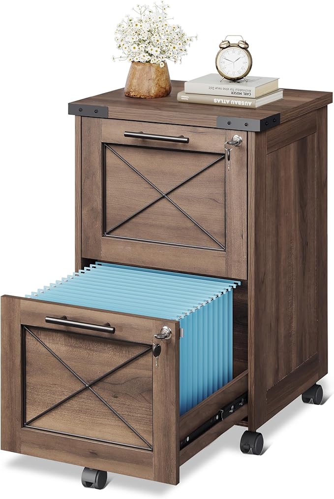 DEVAISE 2 Drawer File Cabinet with Hanging Files, Mobile Rolling Storage Cabinet for Home Office, Under Desk Filing Cabinet with Lock, Printer Stand, Dark Brown