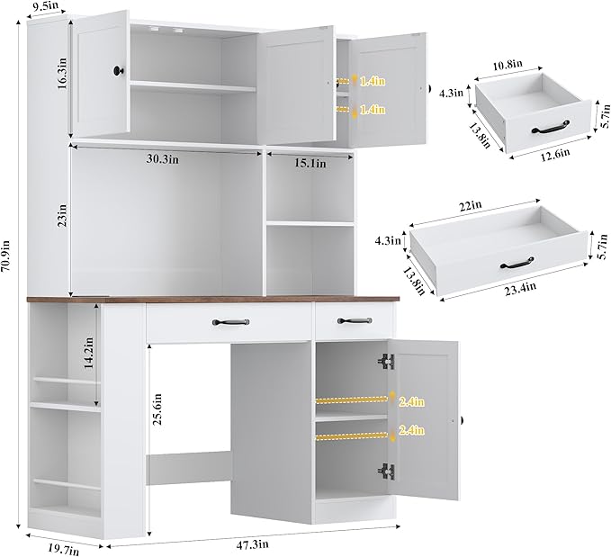Keyluv 71" Tall Computer Desk with Hutch Cabinet, Home Office Desk with Storage Drawers Shelves and Side Rack, Wood Executive Desk with Doors, Outlet Station and Smart LED Lights, White