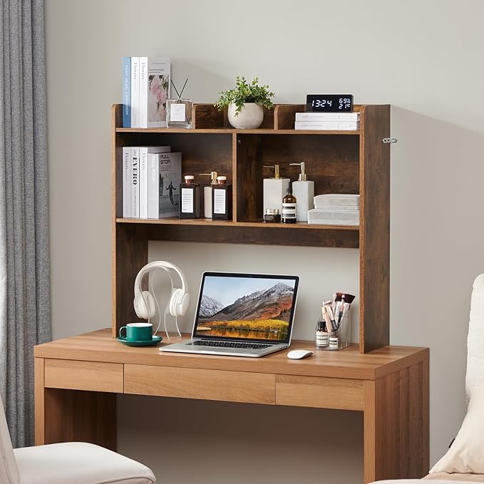 Nromant Desktop Bookshelf, Wooden Desk Storage Hutch with 5 Shelves, 3-Tier Desktop Display Organizer Rack for Office Home (Brown, 5 Shelves B)