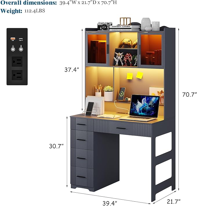 WOOVIVS LED Desk with Outlet Charging Station, Home Office Desk with LED Auto Lights, Computer Desk with Hutch and Drawer for Small Space, Workstation Writing Desk for Bedroom,Adjustable (Grey)