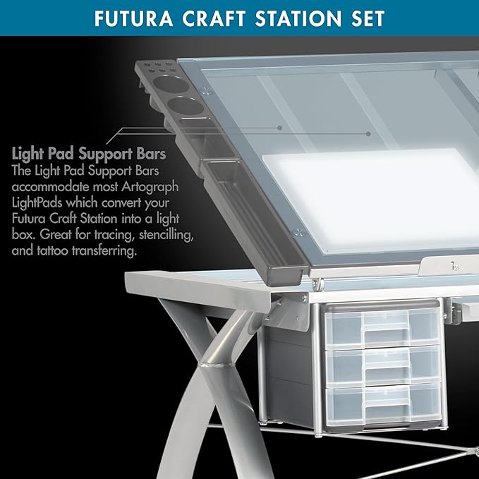 SD Studio Designs 10037 Futura Deluxe Drafting Table with Light Pad Support Bars & Drafting Height Leg Extensions, Silver/Blue Glass
