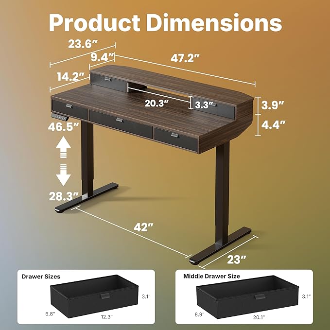 HUANUO 48 x 24 inch Electric Standing Desk with 4 Drawers, Adjustable Height Sit Stand Home Office Desk, C-Clamp Mount Compatible, Ergonomic Stand up Desk with 4 Preset Heights, Walnut
