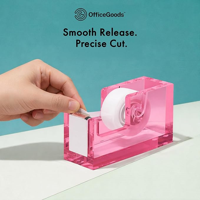 OfficeGoods Acrylic Tape Dispenser – Modern Desk Organizer for Office Supplies, Heavy Duty Refillable Tape Holder for Home and School Crafting, Stylish Desktop Accessory for Gift Wrapping, Pink