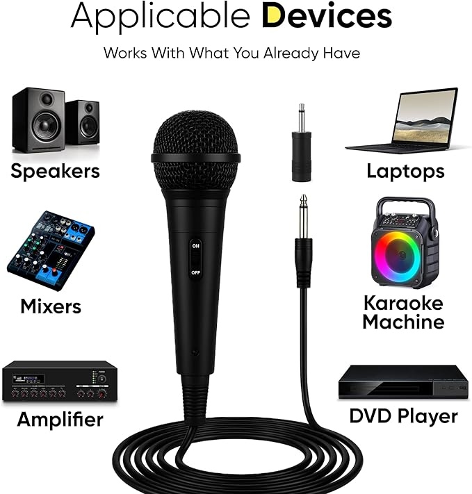 Bowens Wired Dynamic Microphone - Vocal Mic with 15ft Cable and 1/4-Inch to 3.5mm Adapter, Cardioid Karaoke Microphone for Singing, DJ, PA System, Podcasting, Public Speaking Microfono