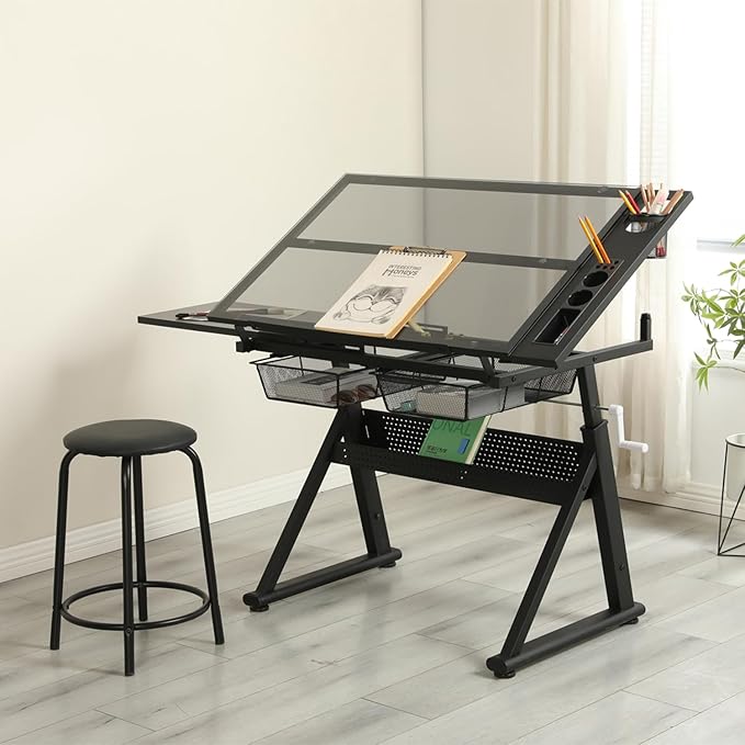 Adjustable Height Drafting Table with Storage Drawers & Stool for Adults, Glass Art Desk with Side Storage Strips, Drawing Table with Tilted Tabletop for Art Office Study (Black+Glass A)