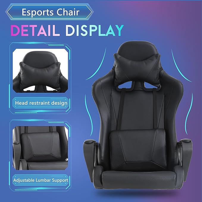 PayLessHere Ergonomic Racing Desk Chair Gaming Chair Computer Chair with Armrests 360° Swivel & Caster Pu Desk Task Chair Executive Headrest Lumbar Support for Back Pain Women Men and Adults (Black)