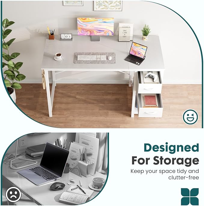 Sweetcrispy 40 Inches Computer Desk with Drawers, Home Office Writing Desk with X-Shaped Reinforcement, Modern Study Work Table with Side Hook, Sturdy Metal Frame, White