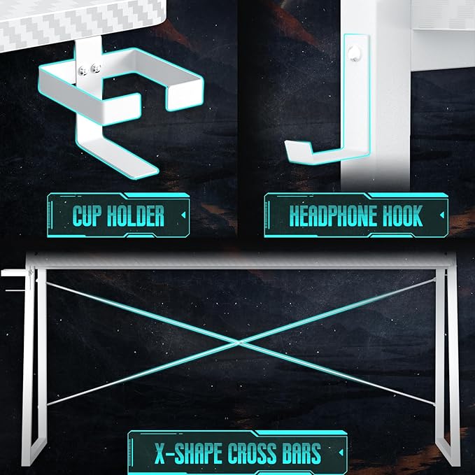 Besiost Gaming Desk with Hutch and LED Lights, Gaming Computer Desk with Power Outlets, Gamer Desk with Storage Shelves, PC Game Desk with Pegboards for Bedroom, Carbon Fiber White, 49"