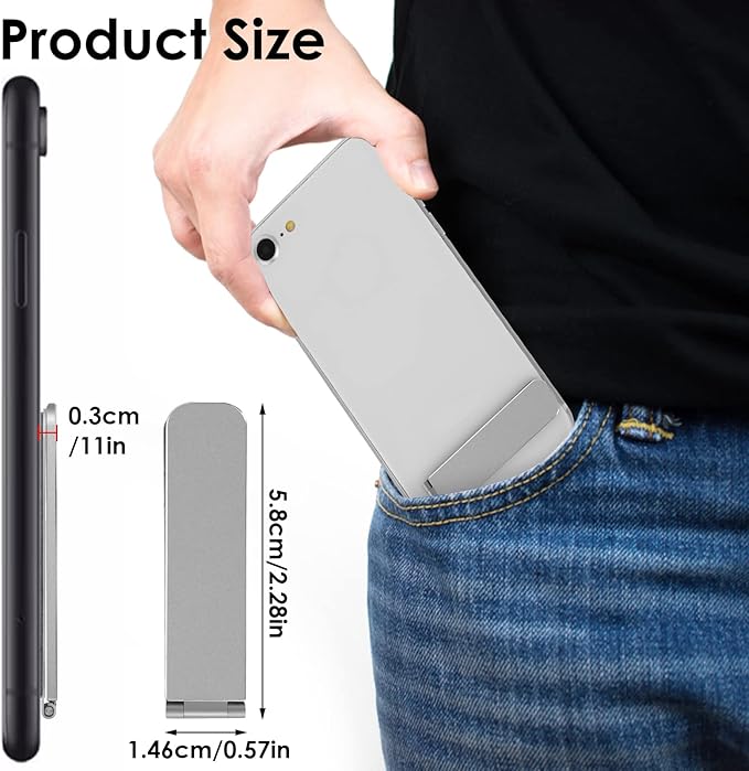 TIESOME Ultra-Thin Cell Phone Holder, Adjustable Mini Alloy Phone Kickstand Portable Foldable Phone Stand Adjustable Angle for Mobile Phone Tablet Universal Model (Silver)