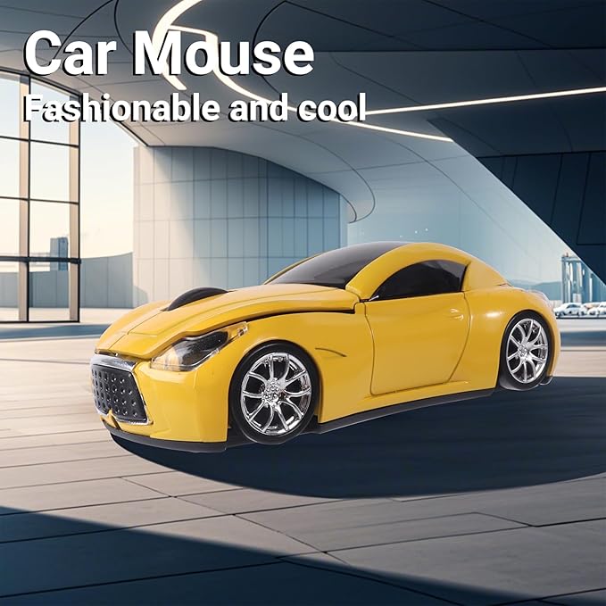 elec Space Wireless Mini Mouse with Case - Cute Sports Car Shape, Lightweight & Portable, 10m Range, Plug and Play (Yellow)