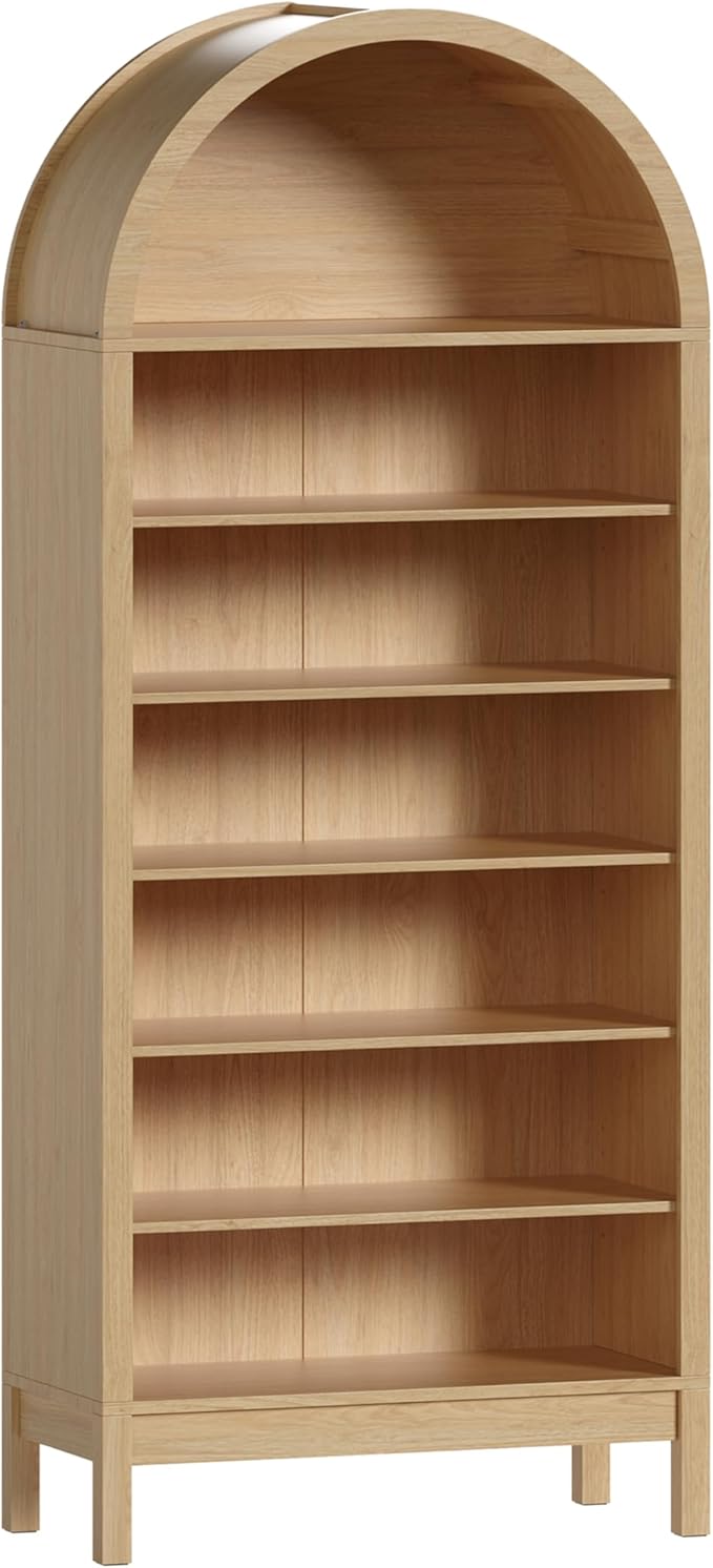 Wodeer Tall Arched Bookshelf, 7-Tier Bookcase with 3 Adjustable Shelves, Modern Farmhouse Storage Shelf for Living Room, Entryway, Office, 29.5" W x 70.1" H x 13.8" D, Natural Oak