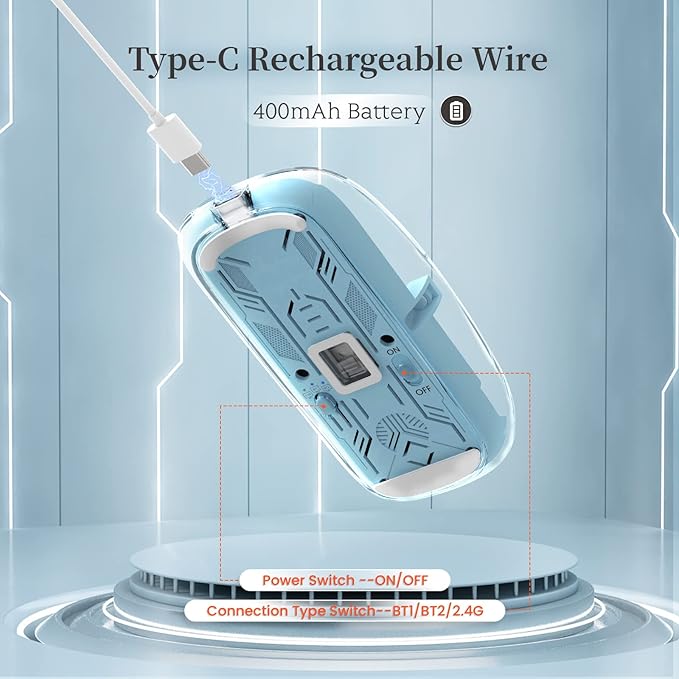 A.JAZZ Wireless Bluetooth5.1&2.4G Mini Lightweight Mouse,Transparent Clear Cool,Rechargeable Silent Computer Mice,Nano USB C Receiver,LED Battery Magic Silm for Office/PC/Mac/Laptop/Apple/ipad(Blue)