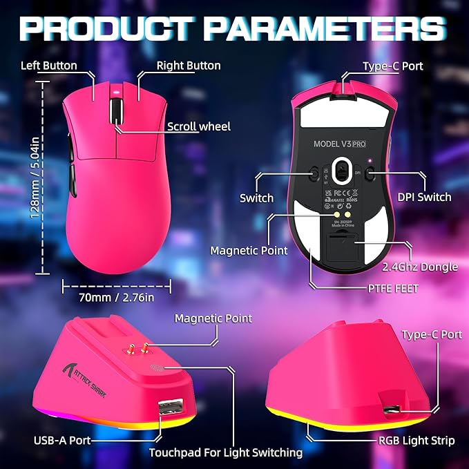 ATTACK SHARK V3 Pro Wireless Esports Gaming Mouse with Magnetic Charging Dock:62g Lightweight-1K Polling-25K DPI-PAW3311 Sensor,Wired/BT/2.4Ghz Programmable,BK52820 IC for PC Mac Win Gamer(Berry Red)