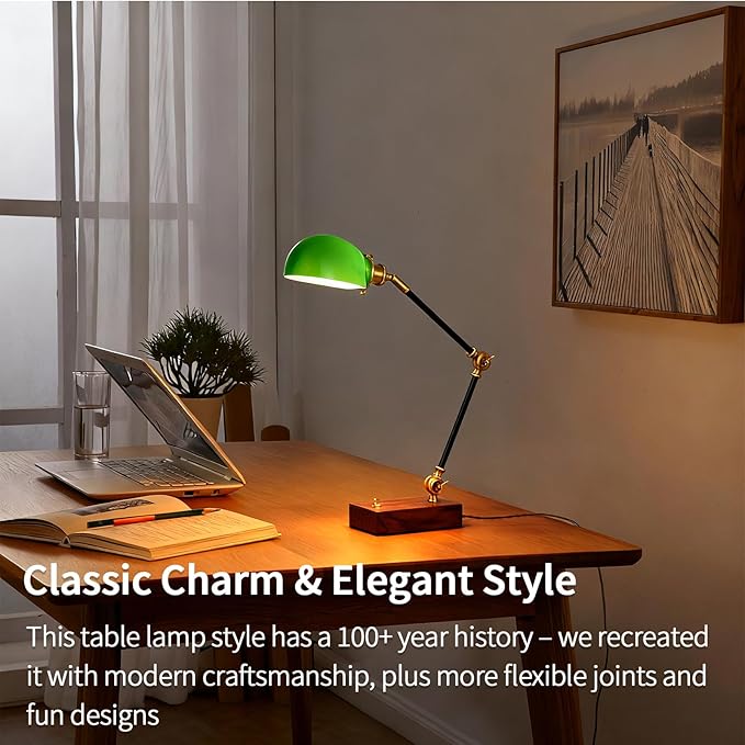 Bankers Lamp, Adjustable Traditional Green Desk Lamp with Solid Ash Wood Base, Green Glass Antique Library Lamp with Power Cord Switch, Plug in Vintage Bankers Desk Lamp for Office 【E26 Socket】