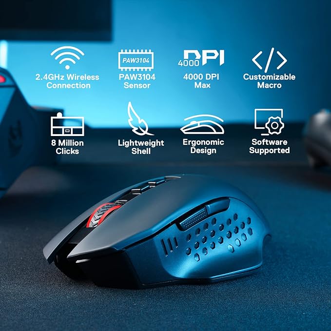 Redragon M656 Gainer Wireless Gaming Mouse, 4000 DPI 2.4Ghz Wireless Mouse w/ 5 DPI Levels, 7 Macro Buttons, Red LED Backlit & Pro Software/Drive Supported, for PC/Mac/Laptop