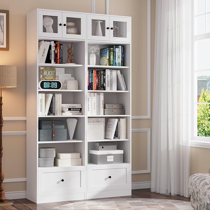 TUSY 85.5 Inch Tall Bookshelf with Doors - 7 Tier Bookcase with Glass Doors and Drawer, 23.6" Wide Storage Cabinet with Open Shelves for Living Room, White Book Shelf for Home Office, Study (BB)
