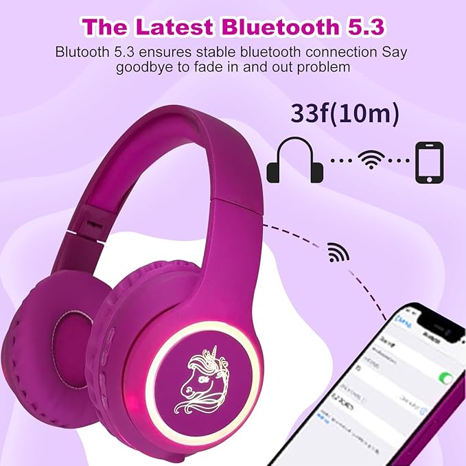 Unicorn Wireless Headphones, LED Light, up ，Kids Headphones Bluetooth with Microphone for School, Travel, Phone, Kindle, PC, TV, MP3 ((Violet)