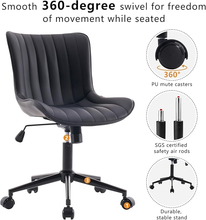 YOUNIKE Black Home Office Desk Chair with Wheels Comfy Armless Cute Vanity Chair with Adjustable Rocking Back Modern Leather Upholstered Rolling Swivel Small Task Drafting Sewing Chair Compact