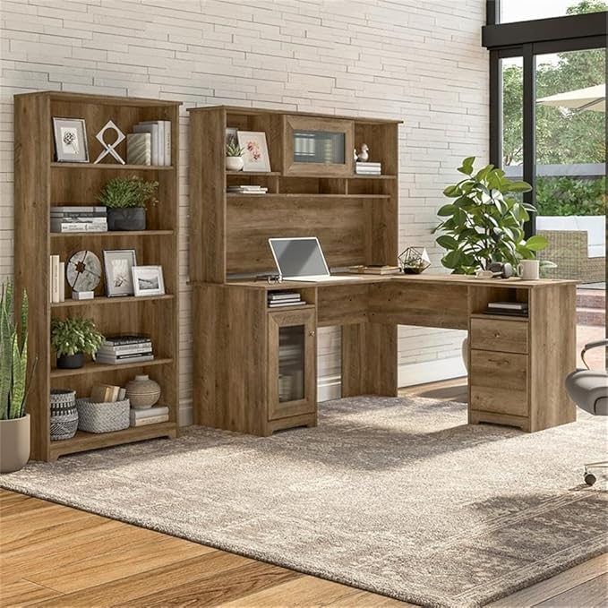 UrbanPro Engineered Wood L Shaped Desk with Hutch and 5 Shelf Bookcase, Reclaimed Pine Finish, 60W Corner Office Desk Set with Storage Cabinet, Adjustable Shelves, File Drawer, Wire Management