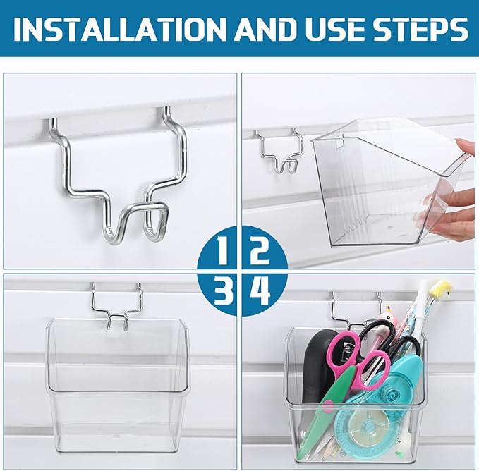 Layhit 6 Set Slatwall Bins Plastic Bins with Metal Hooks Mount Hanging Slatwall Containers Storage Organizer Slat Wall Accessories for Craft Garage Tool Storage Room Panel(Clear)