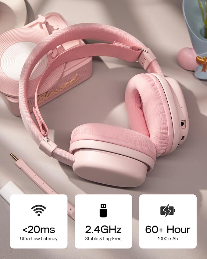 MechLands Aula G7 Wireless Gaming Headset for PS4/PS5/PC/Switch, Over-Ear Headphones with Detachable Noise Canceling Mic, RGB, Surround Sound, 60H Battery, 2.4GHz/BT/Wired (Pink)