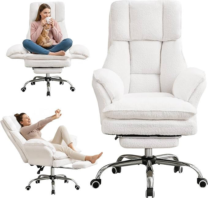 Ergonomic Cloud Cross Legged Office Chair with Footrest,Teddy Fleece Big and Tall Executive Chair with Wheels,Reversible Armrest,155° Reclining Computer Wide Desk Chair for Home,Office (Beige)