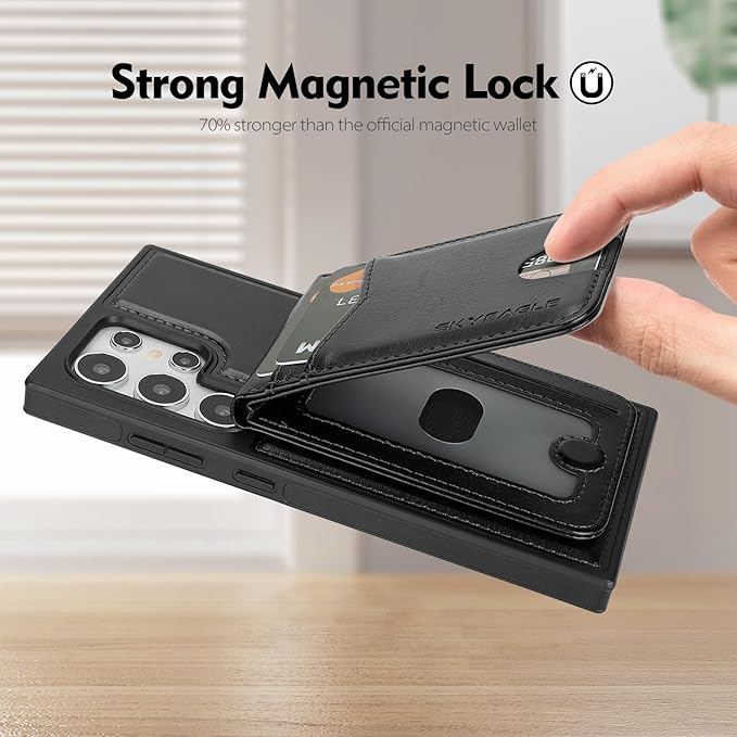 SkyEagle Compatible with Magsafe 2 in 1 Detachable Samsung Galaxy S25 Ultra Wallet Case with Card Holder,Women Men Magnetic PU Leather RFID Blocking Flip Kickstand Credit Slots,Black