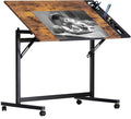 VECELO Vintage Drawing Drafting Table, Adjustable Tilting Top Art Desk Craft Work Station with Pencil Ledge, Lockable Slide Rolling Wheels for Painting Diamond Reading Writing Study, Rustic Brown
