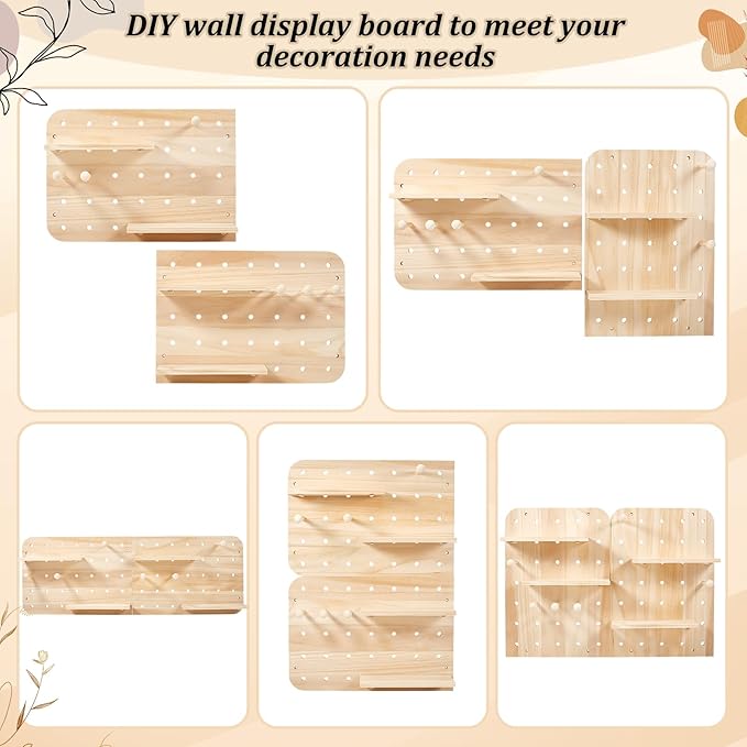Wood Pegboard Wall Organizer Combination Kit, 2 Office Peg Board Panels with 18 Accessories, Modular Display DlY Storage Crafts Organization Wall Hooks Shelf for Bedroom Study Home