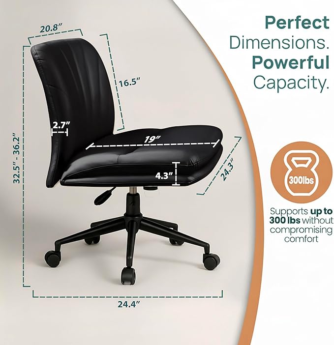 NYPOT Armless Desk Chair with Wheels for Criss Cross Sitting - Cross Legged Wide Armless Chair - Adjustable Vanity 360° Swivel Stool and 120° Rocking Wide Seat Comfy for Home and Office, Color Black