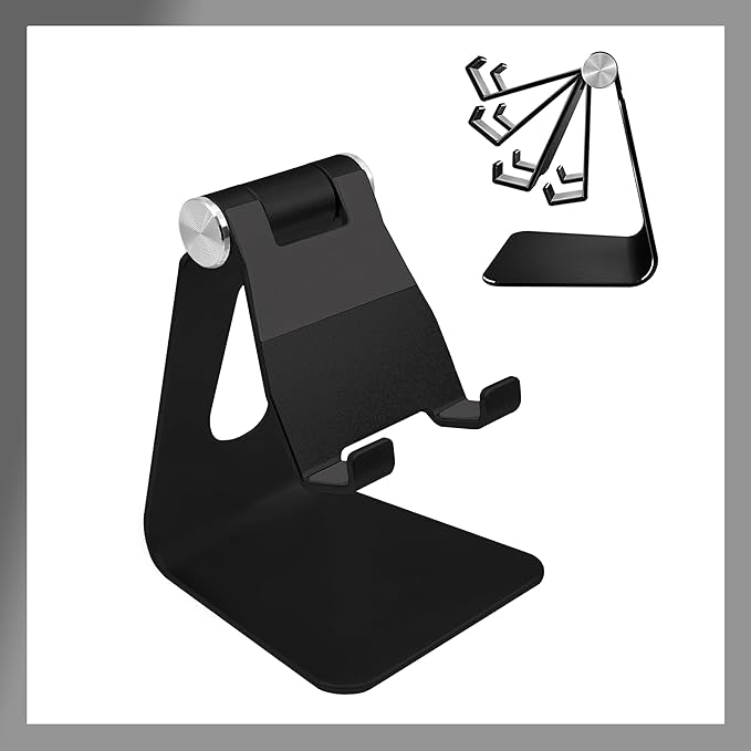 Cell Phone & Tablet Stand Adjustable Multi‑Angle Aluminum Phone & Tablet Stand Non‑Slip Dock/Cradle/Charging Station for Desktop, Bed, Kitchen, Office (Black)